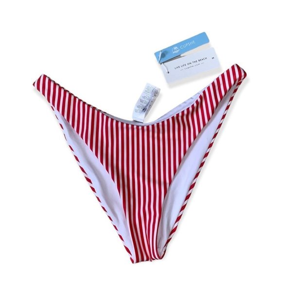 NWT Cupshe Bikini Bottom Size Small Red  White Striped Reversible High-Waisted‎ - Picture 1 of 6